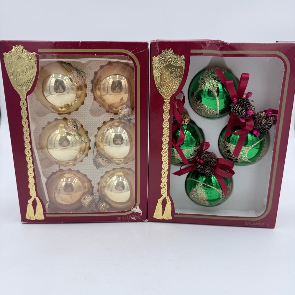 Vintage Rauch Victoria Christmas Tree & Gold Glass Ornaments Set Of 10